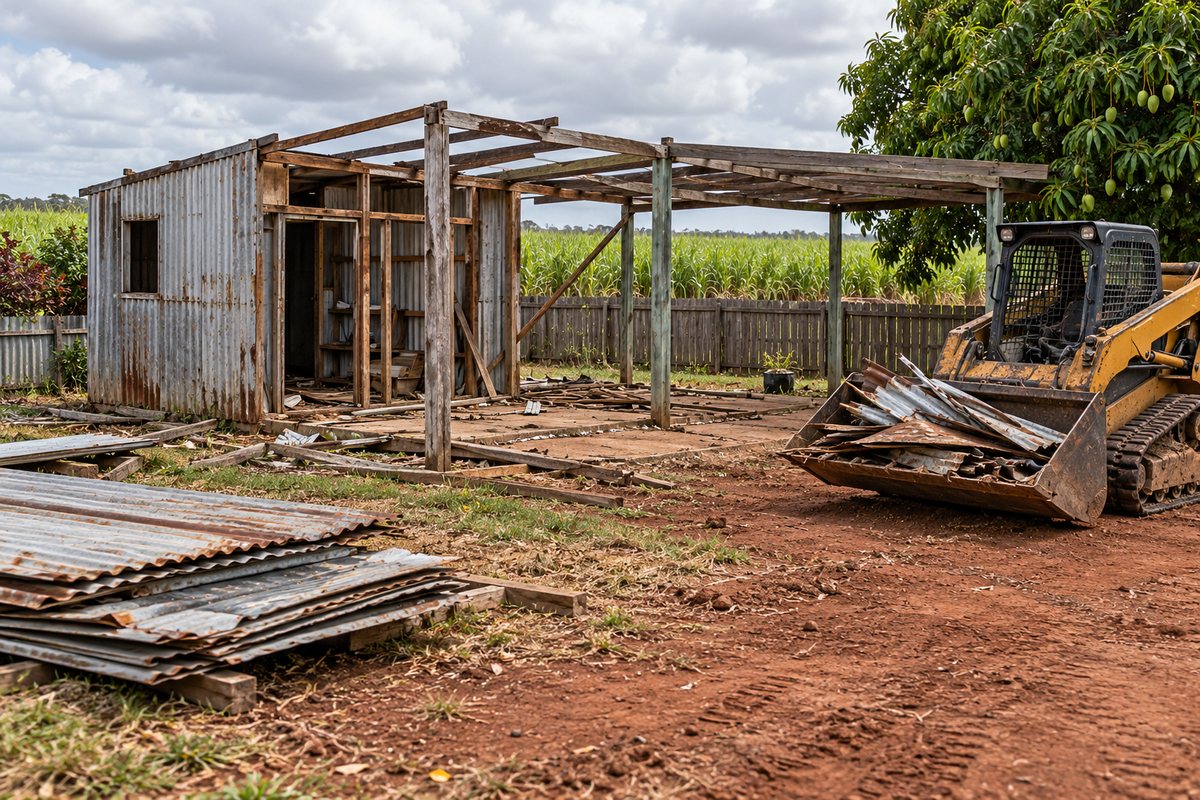 A corrugated iron farm shed and attached carport half dismantled, with a skid steer pushing the loosened roof iron and posts into a pile beside a cleared patch of ground.
