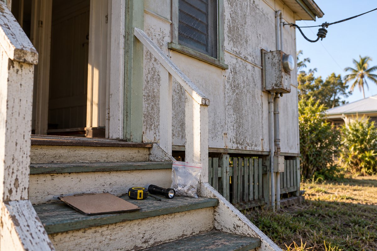 Clipboard, tape measure, torch and a sample bag laid out on the front steps of a high-set timber Queenslander in Bundaberg, with the overhead electricity service line still attached to the house.